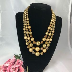 Three strand vintage Gold bronze crystal necklace